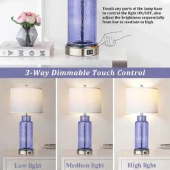 26 In. Dark Blue Touch Control Table Lamps With USB Ports, Glass Bottle Lamps With 3-Way Dimmable For Living Room -Lamp Parts dark bule glass rottogoon table lamps qmlp186az2 66 1000