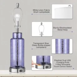 26 In. Dark Blue Touch Control Table Lamps With USB Ports, Glass Bottle Lamps With 3-Way Dimmable For Living Room -Lamp Parts dark bule glass rottogoon table lamps qmlp186az2 d4 1000