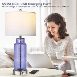 26 In. Dark Blue Touch Control Table Lamps With USB Ports, Glass Bottle Lamps With 3-Way Dimmable For Living Room -Lamp Parts dark bule glass rottogoon table lamps qmlp186az2 e1 1000
