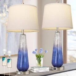 27.5 In. Modern Table Lamps Dark Bule Glass Bedside Lamps With 2 USB Ports White Fabric Shade For Living Room Bedrooms -Lamp Parts dark bule rottogoon table lamps qmlp048bd2 e1 1000