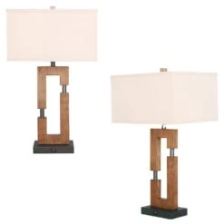 25.9 In. Wood USB Port Table Lamps With Shade (Set Of 2)