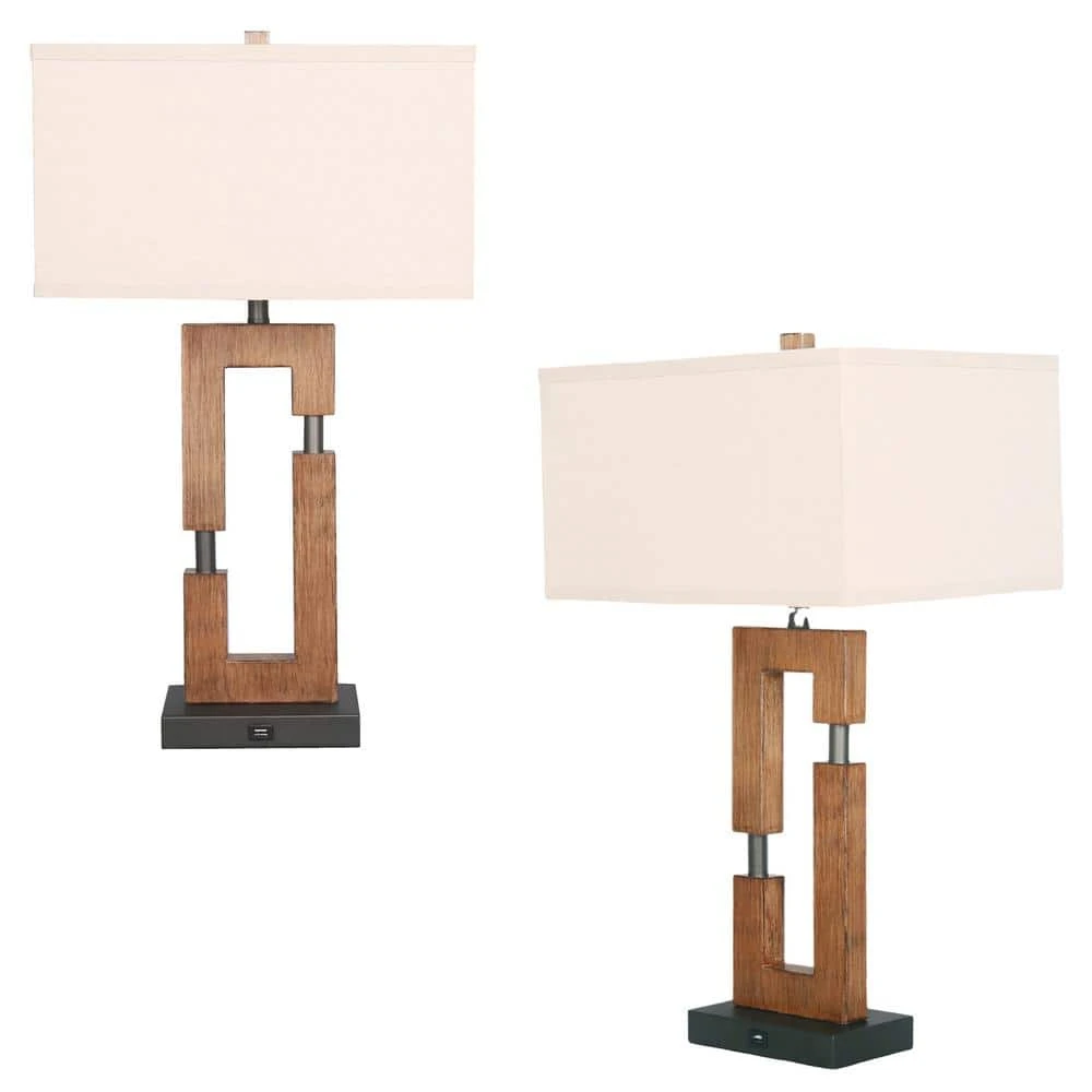 25.9 In. Wood USB Port Table Lamps With Shade (Set Of 2) 3 25.9 In. Wood USB Port Table Lamps With Shade (Set Of 2)