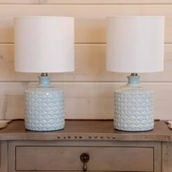 Della 17 In. Soft Blue Ceramic LED Table Lamps With Shade (Set Of 2) -Lamp Parts decor therapy lamp sets mp1646 fa 1000