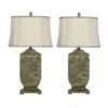 Pair Of 27 In. Designer Silver/Green Cast Leaf Embossed Design Column Table Lamps With Crepe Lined Designer Shades -Lamp Parts designer silver green fangio lighting table lamps w 6318 2pk 64 1000