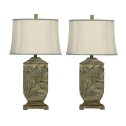 Pair Of 27 In. Designer Silver/Green Cast Leaf Embossed Design Column Table Lamps With Crepe Lined Designer Shades