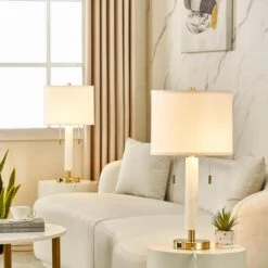 Concord 26.25 In. Dolomite And Gold Modern Metal Bedroom Living Room Bedside Desk Table Lamps USB Port Set Of 2 -Lamp Parts dolomite and gold maxax table lamps t178 wh 4f 1000