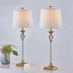 29.5 In. Brass Modern Crystal Bedroom Living Room Bedside Desk Nightstand Tall Table Lamps (Set Of 2) -Lamp Parts electroplated brass clear maxax table lamps t76 gd 4f 1000