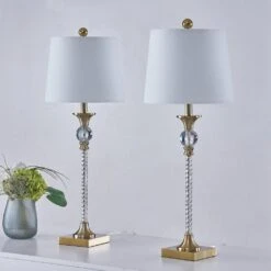 29.5 In. Brass Modern Crystal Bedroom Living Room Bedside Desk Nightstand Tall Table Lamps (Set Of 2) -Lamp Parts electroplated brass clear maxax table lamps t76 gd c3 1000