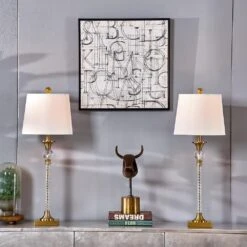 29.5 In. Brass Modern Crystal Bedroom Living Room Bedside Desk Nightstand Tall Table Lamps (Set Of 2) -Lamp Parts electroplated brass clear maxax table lamps t76 gd e1 1000