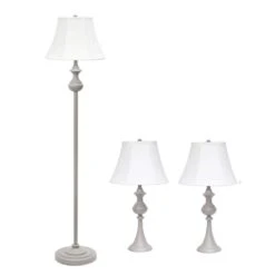 Traditionally Crafted Gray Lamp Set (2-Table Lamps, 1-Floor Lamp) With White Shades (3-Pack)