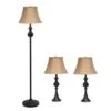 Traditionally Crafted Restoration Bronze Lamp Set (2-Table Lamps, 1-Floor Lamp) With Tan Shades (3-Pack)