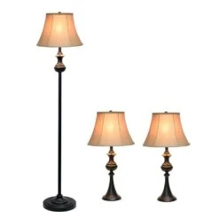 Traditionally Crafted Restoration Bronze Lamp Set (2-Table Lamps, 1-Floor Lamp) With Tan Shades (3-Pack) -Lamp Parts elegant designs lamp sets lc1019 rbz c3 1000