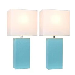 21 In. Modern Aqua Leather Table Lamps With White Fabric Shades (2-Pack) -Lamp Parts elegant designs lamp sets lc2000 aqu 2pk c3 1000