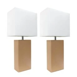 21 In. Modern Beige Leather Table Lamps With White Fabric Shades (2-Pack)