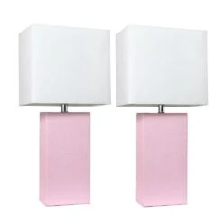 21 In. Modern Blush Pink Leather Table Lamps With White Fabric Shades (2-Pack)