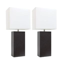 21 In. Modern Espresso Brown Leather Table Lamps With White Fabric Shades (2-Pack)