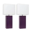 21 In. Modern Eggplant Leather Table Lamps With White Fabric Shades (2-Pack)