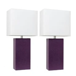 21 In. Modern Eggplant Leather Table Lamps With White Fabric Shades (2-Pack)