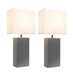 21 In. Modern Gray Leather Table Lamps With White Fabric Shades (2-Pack) -Lamp Parts elegant designs lamp sets lc2000 gry 2pk c3 1000