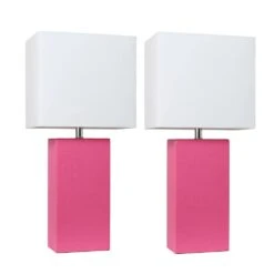 21 In. Modern Hot Pink Leather Table Lamps With White Fabric Shades (2-Pack)