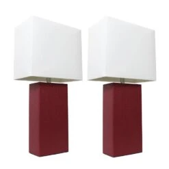 21 In. Modern Red Leather Table Lamps With White Fabric Shades (2-Pack)