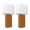 21 In. Modern Tan Leather Table Lamps With White Fabric Shades (2-Pack)