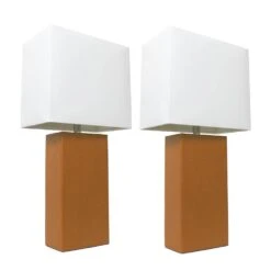 21 In. Modern Tan Leather Table Lamps With White Fabric Shades (2-Pack)