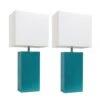 21 In. Modern Teal Leather Table Lamps With White Fabric Shades -Lamp Parts elegant designs lamp sets lc2000 tel 2pk 64 1000