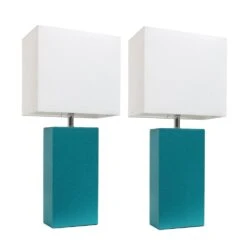 21 In. Modern Teal Leather Table Lamps With White Fabric Shades