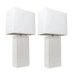 21 In. Modern White Leather Table Lamps With White Fabric Shades (2-Pack)