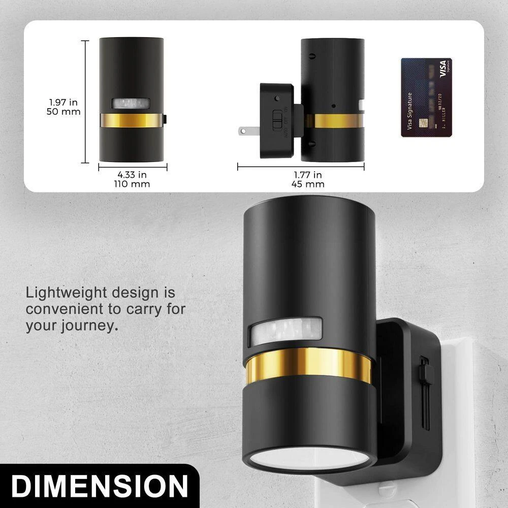 6-Pack Plug-in Motion Sensor Night Light Cylindrical Design With Black Finish And Gold Accent, 3000K, 3-Adjustable Modes 6 6-Pack Plug-in Motion Sensor Night Light Cylindrical Design With Black Finish And Gold Accent, 3000K, 3-Adjustable Modes - Image 4