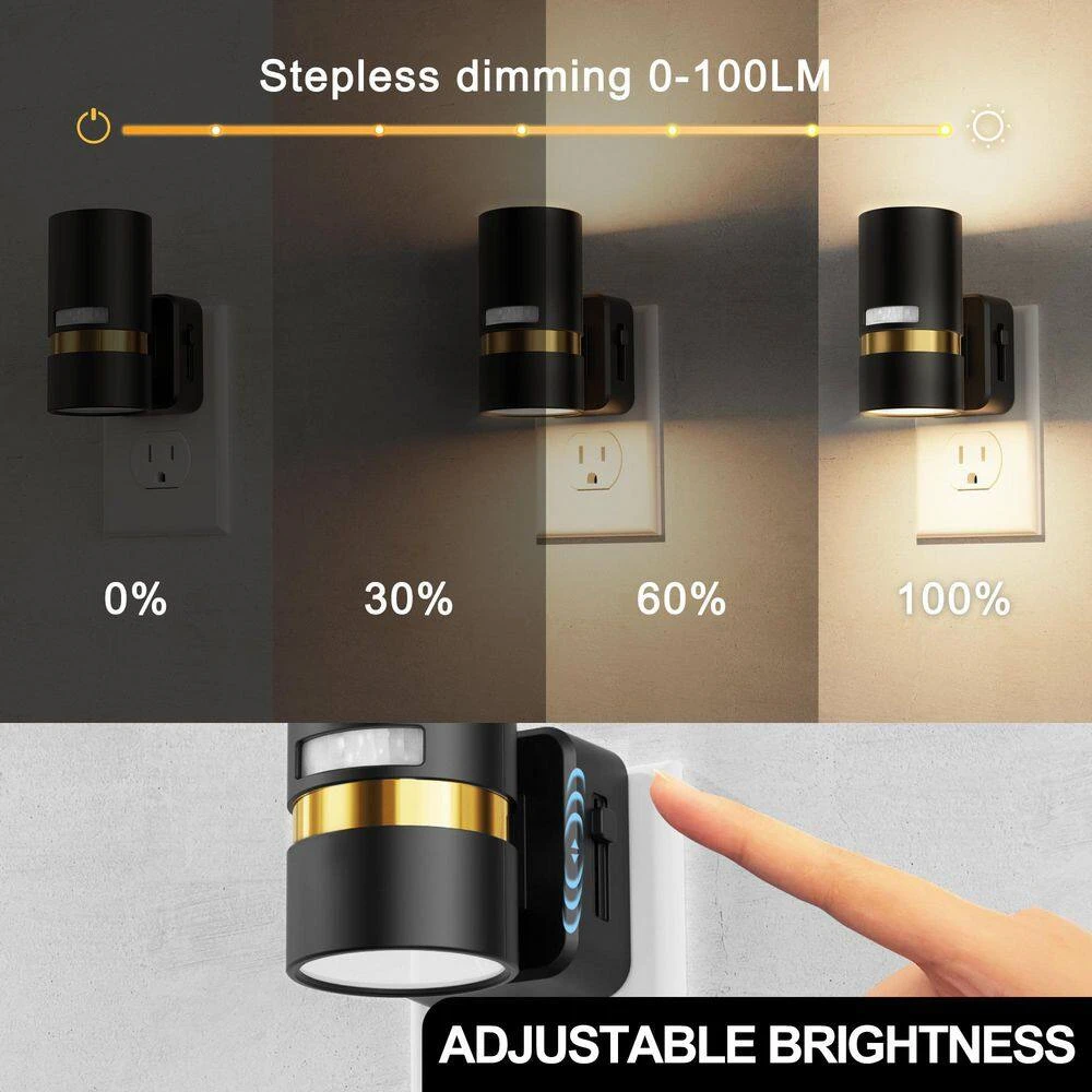 6-Pack Plug-in Motion Sensor Night Light Cylindrical Design With Black Finish And Gold Accent, 3000K, 3-Adjustable Modes 7 6-Pack Plug-in Motion Sensor Night Light Cylindrical Design With Black Finish And Gold Accent, 3000K, 3-Adjustable Modes - Image 5