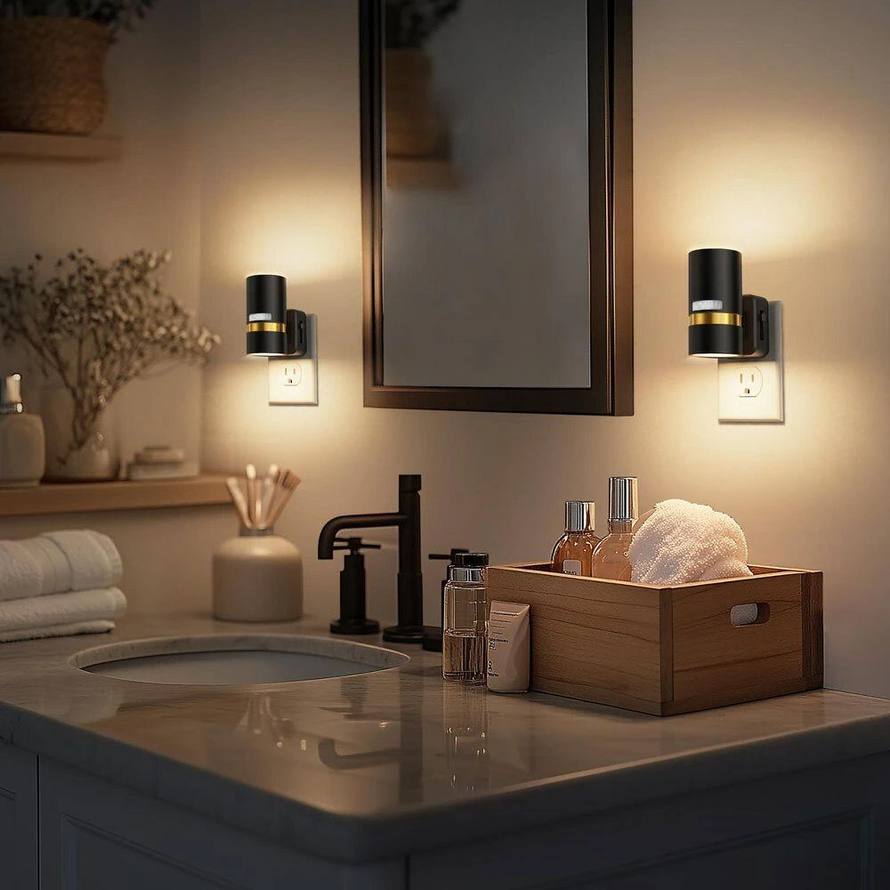 6-Pack Plug-in Motion Sensor Night Light Cylindrical Design With Black Finish And Gold Accent, 3000K, 3-Adjustable Modes 4 6-Pack Plug-in Motion Sensor Night Light Cylindrical Design With Black Finish And Gold Accent, 3000K, 3-Adjustable Modes - Image 2