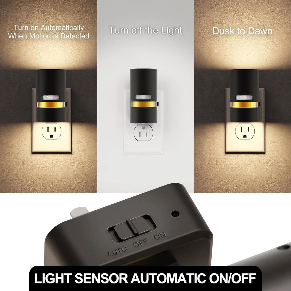 6-Pack Plug-in Motion Sensor Night Light Cylindrical Design With Black Finish And Gold Accent, 3000K, 3-Adjustable Modes 8 6-Pack Plug-in Motion Sensor Night Light Cylindrical Design With Black Finish And Gold Accent, 3000K, 3-Adjustable Modes - Image 6
