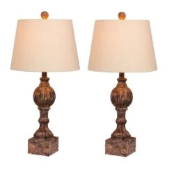 26.5 In. Pair Of Distressed Column Resin Table Lamps In A Cottage Antique Brown