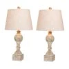 Pair Of 26.5 In. Distressed Column Resin Table Lamps In A Cottage Antique White