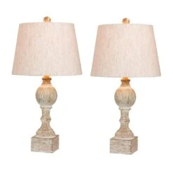 Pair Of 26.5 In. Distressed Column Resin Table Lamps In A Cottage Antique White