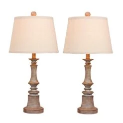 Pair Of 26.5 In. Candlestick Resin Table Lamps In A Cottage Weathered Gray