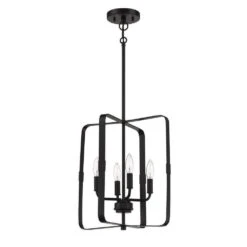 Stowe 60 Watt 4-Light Flat Black Finish Cylinder Foyer Chandelier Pendant Light, No Bulbs Included