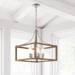 Boswell Quarter 20 In. 5-Light Silver Coastal Pendant Light With Chestnut Wood Accents For Kitchens And Dining Rooms