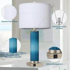 26.5 In. Modern Table Lamps For Living Room, 3-Way Dimmable With USB Ports, Vertical Striped Glass Lamp With White Shade -Lamp Parts glass rottogoon table lamps hmlp354ad2 1d 1000