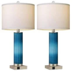 26.5 In. Modern Table Lamps For Living Room, 3-Way Dimmable With USB Ports, Vertical Striped Glass Lamp With White Shade