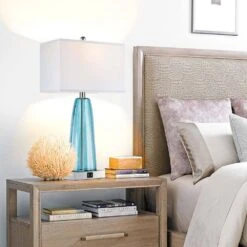 24.5 In. Modern Table Lamps, Light Green Shaped Glass Bedside Lamp For Bedroom With USB C+A Ports (2 Bulbs Included) -Lamp Parts glass rottogoon table lamps palp158bg2 d4 1000