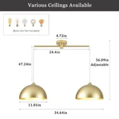 2-Light 34.64 In. Gold Modern Dome Pendant Light With Metal Shade, No Bulbs Included -Lamp Parts gold adsensty pendant lights hd5 2pg d00156 66 1000