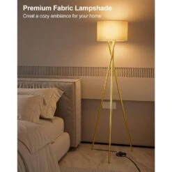 66 In. Gold Tripod Floor Lamp For Living Room, Vintage Standing Lamps With Fabric Lampshade, E26 Bulb Included -Lamp Parts gold floor lamps fl 66 g 4f 1000