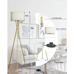 66 In. Gold Tripod Floor Lamp For Living Room, Vintage Standing Lamps With Fabric Lampshade, E26 Bulb Included -Lamp Parts gold floor lamps fl 66 g c3 1000