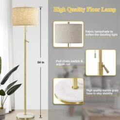 Floor Lamps 64in Gold Modern 1 Bulb, Adjustable Height Standard Floor Lamp For Living Room With Fabric Drum Shade -Lamp Parts gold gtclighting floor lamps w 1fl 033b 31 1000