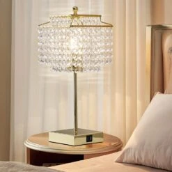 17.6 In. Gold Crystal Touch Table Lamp, Bedside Lamps With USB C Plus A Ports, 3 Way Dimmable Lamp With Crystal Shade -Lamp Parts gold gtclighting table lamps w 1tl 71008b 31 1000