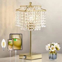 17.6 In. Gold Crystal Touch Table Lamp, Bedside Lamps With USB C Plus A Ports, 3 Way Dimmable Lamp With Crystal Shade