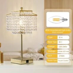 17.6 In. Gold Crystal Touch Table Lamp, Bedside Lamps With USB C Plus A Ports, 3 Way Dimmable Lamp With Crystal Shade -Lamp Parts gold gtclighting table lamps w 1tl 71008b 77 1000